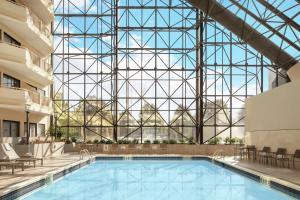 纽瓦克希尔顿逸林酒店纽瓦克机场的大型游泳池设有大型玻璃天花板