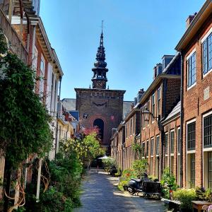 哈莱姆City Attic Haarlem的一座城市中带有钟楼的小道