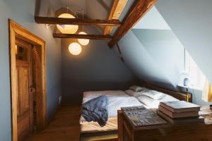 莱比锡Flecksches Gut的一间卧室配有一张床和一张桌子及书籍