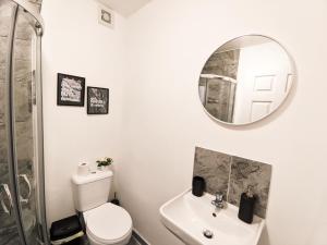 桑德兰A&A Luxury Stay Olive St - City Centre Premium Stays的一间带卫生间、水槽和镜子的浴室
