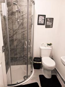 桑德兰A&A Luxury Stay Olive St - City Centre Premium Stays的带淋浴、卫生间和盥洗盆的浴室