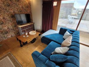 莱纳姆The Manor Pen的客厅配有蓝色的沙发和电视