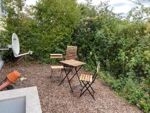 普福尔茨海姆Mini Apartment mit Bad und Küche的桌子和两把椅子坐在灌木丛旁边