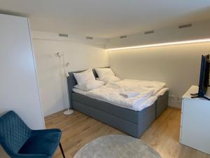 普福尔茨海姆Mini Apartment mit Bad und Küche的一间小卧室,配有一张床和一把椅子