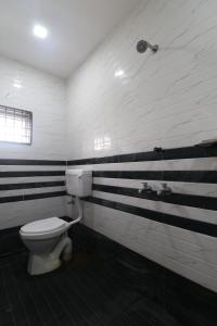 拉加蒙德里HOTEL VALLABHA RESIDENSY的一间带卫生间和黑白条纹的浴室
