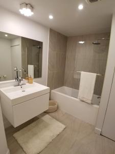 蒙特利尔3 bedroom near Olympic Stadium的浴室配有盥洗盆、浴缸和盥洗盆