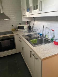 厄勒布鲁Remarkable 1-Bed Apartment in Orebro的厨房柜台设有水槽和微波炉