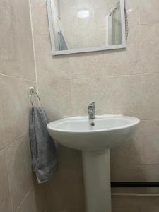 伦敦One Bedroom Apartment with Garden的浴室设有白色水槽和镜子