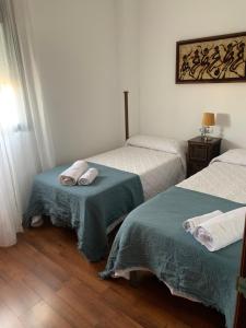 韦尔瓦Ría de Huelva的一间卧室配有两张带毛巾的床