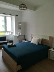 丰沙尔Cc39 -Q1的一间卧室配有一张带蓝色毯子的大床