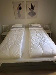 KvaløyaLena Apartment Tromsø的卧室内的两张床,配有白色床单和枕头
