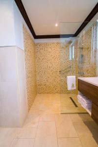 欧丘里欧Sago Palm Hotel的带淋浴和玻璃淋浴间的浴室