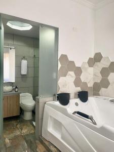 通哈Hotel San Ignacio Plaza的带浴缸和卫生间的浴室。