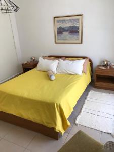 里奥塞瓦约斯Complejo Los Aromitos 1的一间卧室配有一张带黄色床单和枕头的床。