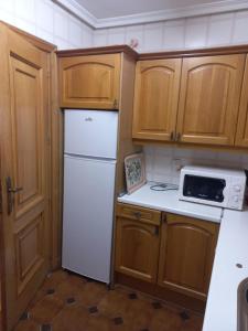 阿维拉CASA ESQUILAS的厨房配有白色冰箱和木制橱柜。