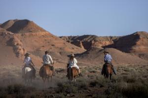 HanksvillePet Friendly Cabins in Hanksville Utah的一群在沙漠里骑马的人