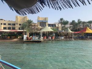 亚喀巴Al-Amer Hostel 2的海滩上设有桌子和遮阳伞