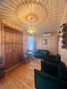 安布罗劳里Shinao Cottage的客厅配有绿色沙发和吊灯。