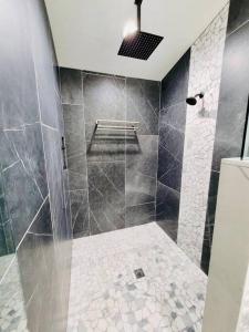 肖洛Penthouse Suite at Meadow View!的带淋浴和瓷砖淋浴的浴室