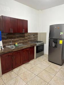 巴克里索莫雷诺港EMMA HOUSE的厨房配有木制橱柜和不锈钢冰箱。