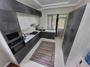 阿拉木图Almaty guest house的厨房配有不锈钢用具和地板地毯。