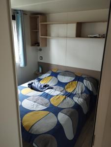 滨海皮里亚克MOBIL HOME的一间卧室配有一张蓝色和黄色的被子