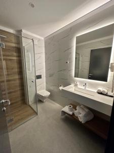 DrăgăşaniRiver Park Hotel的一间带水槽、卫生间和镜子的浴室