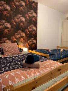 梅斯尼圣佩尔Maison chaleureuse avec son bain enchanté !的一间卧室设有两张床和壁画墙