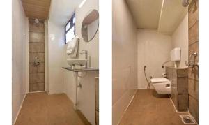 浦那FabHotel Gargi Suites Shivajinagar的浴室设有水槽和卫生间,两幅图片