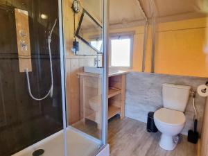 De VeenhoopLuxury glamping with private bathroom near the Frisian waters的带淋浴、卫生间和盥洗盆的浴室