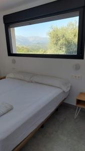 哈赖斯德拉韦拉Casa rural Atalanta de la Vera的卧室设有大窗户、一张床和一张桌子