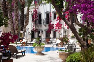 博德鲁姆DoubleTree by Hilton Bodrum Marina Vista的一个带粉红色花卉的庭院和一个游泳池