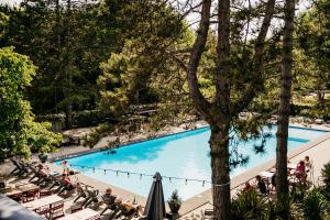 洛坎杰罗卡涅住宿酒店的游泳池的顶部景色,周围的人坐在游泳池周围