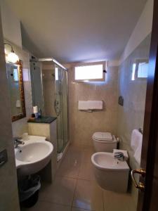 卡洛福泰Hotel Hieracon的一间带水槽、卫生间和淋浴的浴室