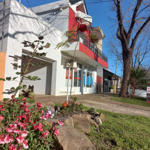 埃利萨镇AltoRojo的白色的建筑,设有红色的阳台和鲜花