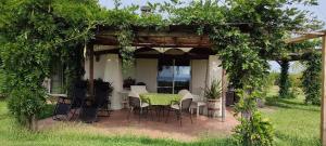 特雷维尼亚诺罗马诺Villa Fonte Tartaruga Trevignano Romano的凉亭下带桌椅的天井
