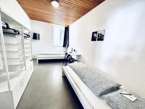 巴尔斯塔尔Monteurzimmer ZIMMERzuVERMIETEN in Balsthal Solothurn的一间卧室,配有两张床