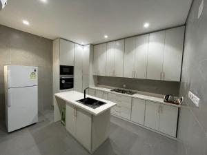 欧拉LADAN APARTMENT的厨房配有白色橱柜和白色冰箱。
