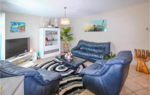 蒙特利马尔3 Bedroom Beautiful Home In Montlimar的客厅配有蓝色真皮沙发和电视