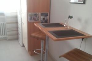 汉诺威Private Rooms的厨房配有柜台和冰箱。