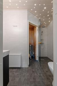 赫尔辛基WeHost Penthouse Studio with Sauna and Balcony @Meritullinkatu 13 A的带淋浴、盥洗盆和卫生间的浴室