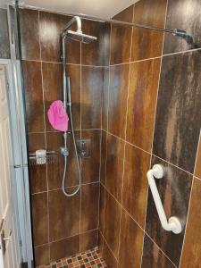 MerstonBracken Lodge的一间带淋浴的浴室,配有棕色的瓷砖墙