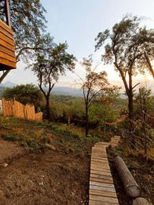 阿拉木图Янтарь Уютный горный домик的山丘上的木路,有树木和栅栏