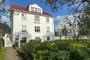 雷克雅未克Beautiful 2 bedroom apartment downtown Reykjavik的一座大型白色房屋,设有红色屋顶