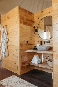 约翰逊城Walden Retreats Hill Country的浴室设有木墙、水槽和镜子