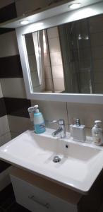 巴克乌Apartament 2 camere的浴室水槽配有镜子和1瓶肥皂