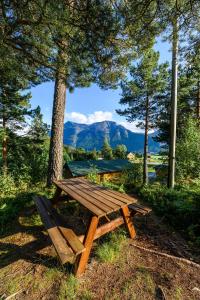 IsfjordenKorsbakken Camping的一张享有山景的木制野餐桌