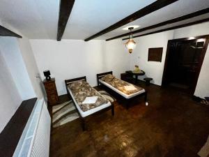 Poiana AiuduluiCasa Ariana的客厅配有两张床和一张桌子