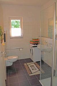 萨加尔德Ferienhaus Frieda的一间带卫生间和玻璃淋浴间的浴室