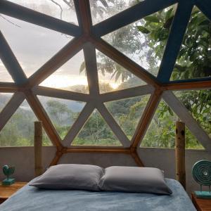 科科尔纳Glamping Rio Melcocho的一张位于带大窗户的房间内的床铺